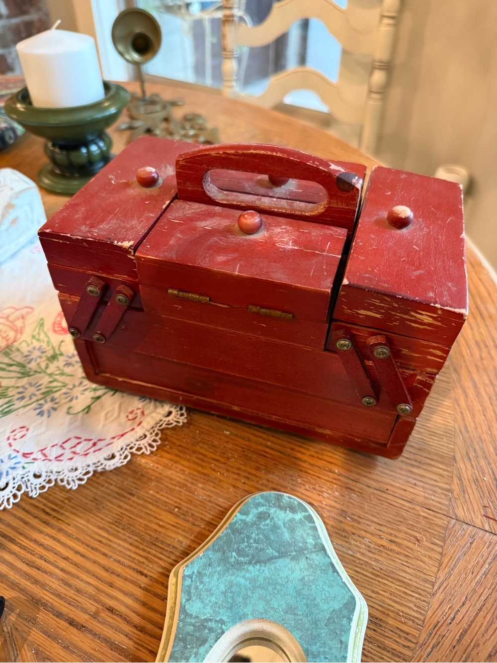 Vintage Red Wooden Sewing Box